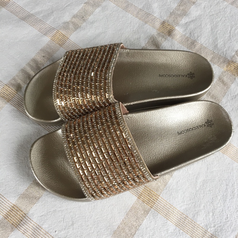 🎁2/$12 SZ 9 (40) KALEIDOSCOPE COPPER & GOLD & RHINESTONE SANDALS - Picture 2 of 7